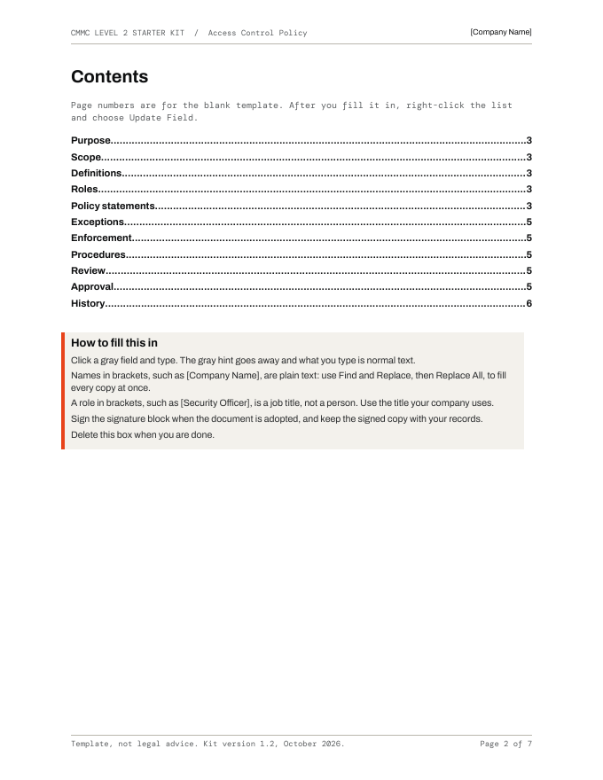 Contents page of the access control policy, with the How to fill this in box