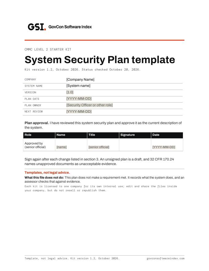 Cover page of the CMMC system security plan template, with the plan approval block