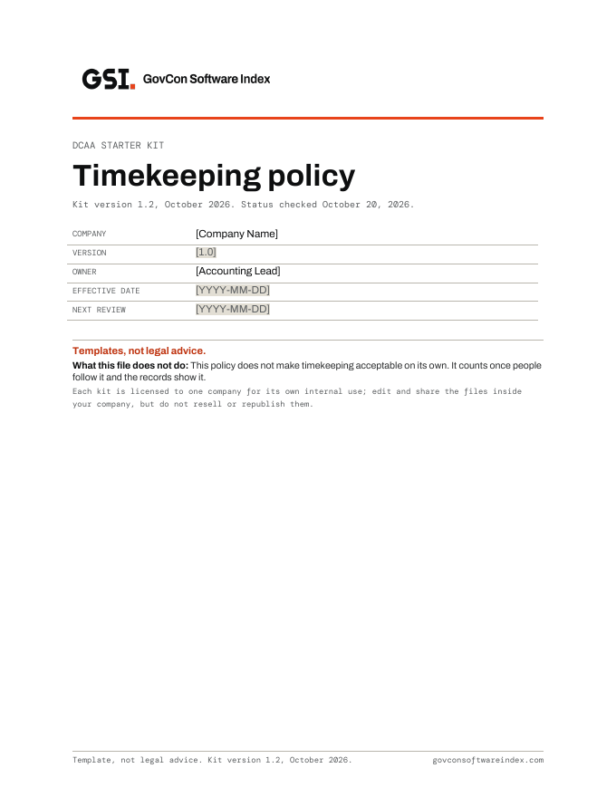 Cover page of the DCAA timekeeping policy template